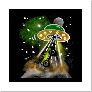 Monster Truck Alien Abduction Funny Cartoon Illustration Posters and Art